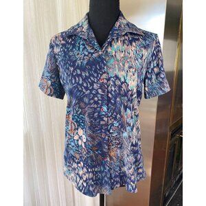 Vintage 70s top, blue, tan, pink abstract pattern, short sleeves blouse